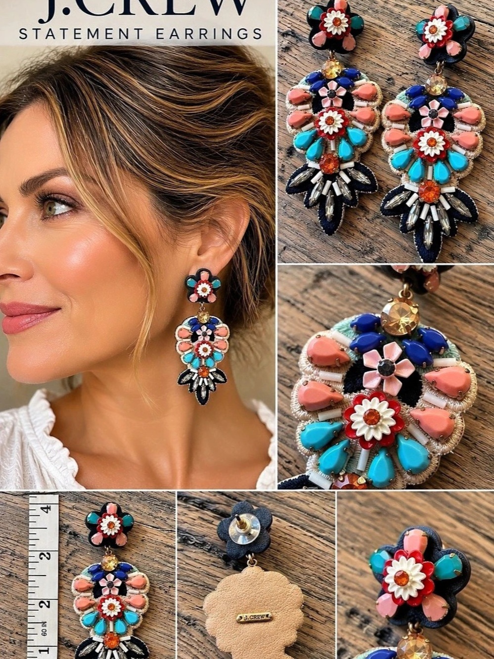 J.Crew Multicolor Floral Crystal Beaded Statement Drop Earrings